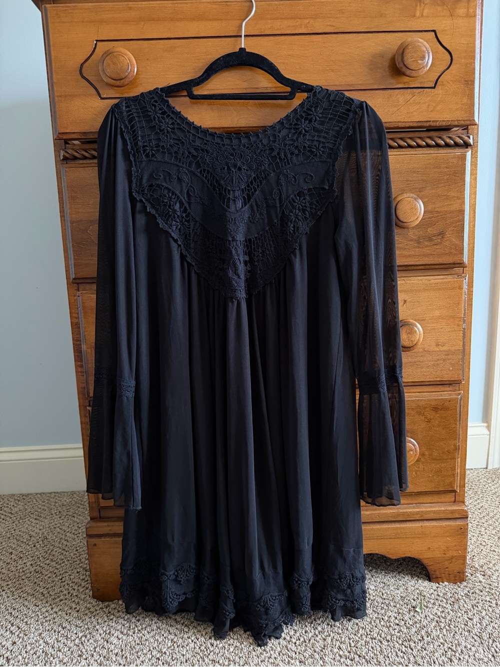 Altar'd State Black Long Sleeve Crochet Yoke Tunic Dress